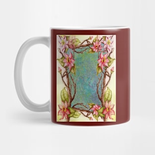 red flowers, spring tree branch border, tie dye abstract Mug